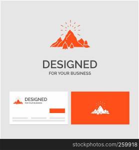 Business logo template for hill, landscape, nature, mountain, fireworks. Orange Visiting Cards with Brand logo template.