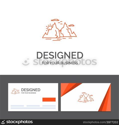Business logo template for Mountain, hill, landscape, nature, sun. Orange Visiting Cards with Brand logo template