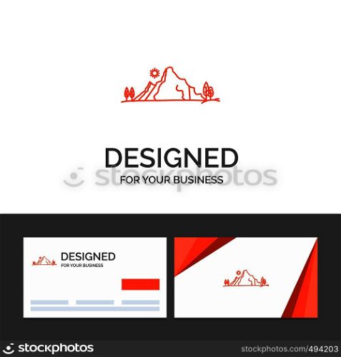 Business logo template for mountain, landscape, hill, nature, tree. Orange Visiting Cards with Brand logo template. Vector EPS10 Abstract Template background