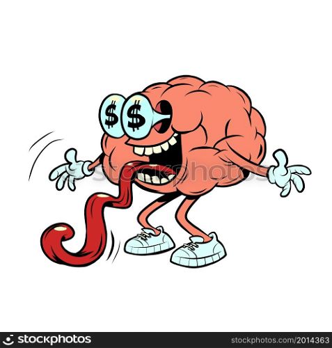 business loves money human brain character, smart wise. Comic cartoon retro vintage illustration. business loves money human brain character, smart wise