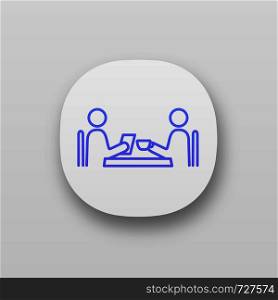 Business lunch app icon. Coffee interview. Colleagues, friends, partners, customers meeting. Coffee or dinner break. Business dinner. UI/UX user interface. Application. Vector isolated illustration. Business lunch app icon