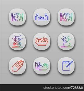Business lunch app icons set. Colleagues, friends, partners, customers meeting. Business dinner menu, etiquette. Successful partnership. UI/UX interface. Applications. Vector isolated illustrations. Business lunch app icons set