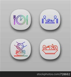 Business lunch app icons set. Dinner break, cafe meeting, make deal over meal, salad. UI/UX user interface. Web or mobile applications. Vector isolated illustrations. Business lunch app icons set