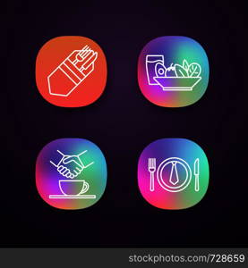 Business lunch app icons set. Fork and knife, salad and cold drink, partnership, business dinner. UI/UX user interface. Web or mobile applications. Vector isolated illustrations. Business lunch app icons set