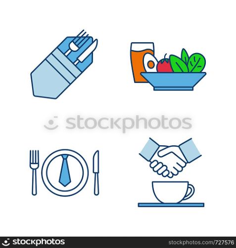 Business lunch color icons set. Fork and knife, salad and cold drink, partnership, business dinner. Isolated vector illustrations. Business lunch color icons set