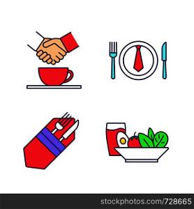 Business lunch color icons set. Fork and knife, salad and cold drink, partnership, business dinner. Isolated vector illustrations. Business lunch color icons set