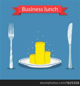 Business lunch concept. coin on plate isolated on blue background. fork and knife. vector illustration in flat style.. Business lunch concept i