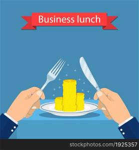 Business lunch concept. hands holding knife and fork and coin on plate. Vector illustration flat design.. Restaurant and Food concept