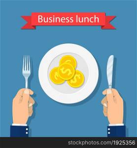 Business lunch concept. hands holding knife and fork and coin on plate. Top view. Vector illustration flat design.. Restaurant and Food concept