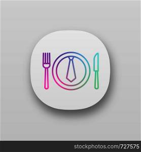 Business lunch, dinner app icon. Discussing business over meal. Table knife, fork and plate with tie inside. UI/UX user interface. Web or mobile application. Vector isolated illustration. Business lunch, dinner app icon