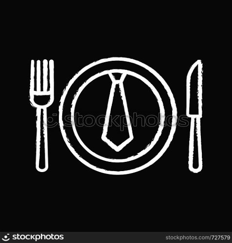 Business lunch, dinner chalk icon. Discussing business over meal. Table knife, fork and plate with tie inside. Isolated vector chalkboard illustration. Business lunch, dinner chalk icon