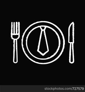 Business lunch, dinner chalk icon. Discussing business over meal. Table knife, fork and plate with tie inside. Isolated vector chalkboard illustration. Business lunch, dinner chalk icon