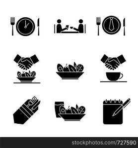 Business lunch glyph icons set. Colleagues, friends, partners, customers meeting. Business dinner menu, rules, etiquette. Successful partnership. Silhouette symbols. Vector isolated illustration. Business lunch glyph icons set