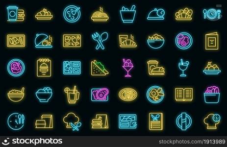 Business lunch icons set. Outline set of business lunch vector icons neon color on black. Business lunch icons set vector neon