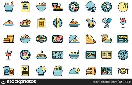 Business lunch icons set. Outline set of business lunch vector icons thin line color flat isolated on white. Business lunch icons set line color vector