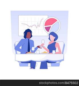 Business lunch isolated concept vector illustration. Group of diverse colleagues at a business lunch, company workers eating food in restaurant and talking, office life vector concept.. Business lunch isolated concept vector illustration.