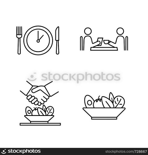 Business lunch linear icons set. Dinner break, cafe meeting, make deal over meal, salad. Thin line contour symbols. Isolated vector outline illustrations. Editable stroke. Business lunch linear icons set