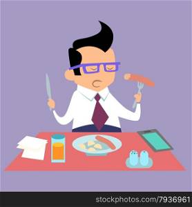 Business lunch office worker businessman eats fast food. Business lunch office worker