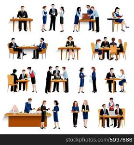 Business lunch pause flat icons collection. Business office lunch break pause as successful personnel productivity boosting flat icons collection abstract isolated vector illustration