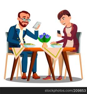 Business Lunch, Two People At The Table Looking In Their Phone Vector. Illustration. Business Lunch, Two People At The Table Looking In Their Phone Vector. Isolated Illustration