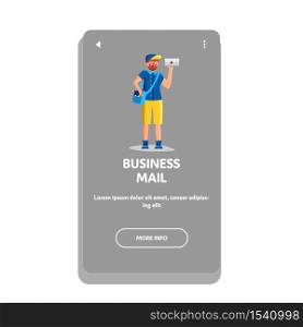 Business Mail Letter Delivered Postman Vector. Post Man Wearing Postal Uniform Delivering Business Mail. Character Courier Delivery Service Company Communication Web Flat Cartoon Illustration. Business Mail Letter Delivered Postman Vector