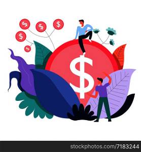 Business making money and investment activities of people vector. Men in field of finances, sitting on big coin of dollar USD currency. Tree foliage with branches and flowers in form of monets.. Business making money and investment activities of people vector