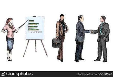 Business male female people colored sketch set presentation handshake isolated vector illustration
