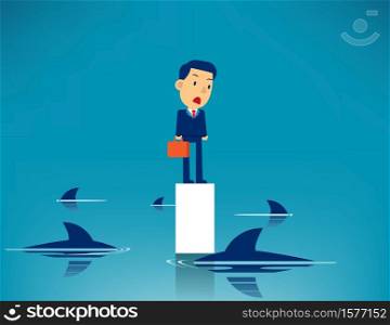 Business man and Surrounded shark. Concept business trap vector illustration, Challenge, Dangerous, Kid flat cartoon character style design.