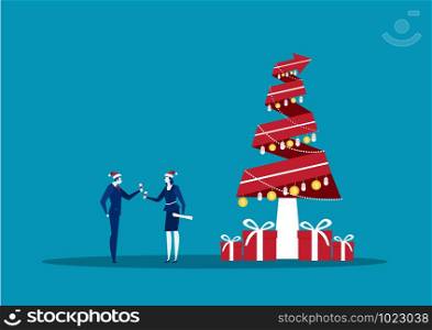 Business man and woman celebrate Merry Christmas And Happy New Year. Flat Vector Illustration.