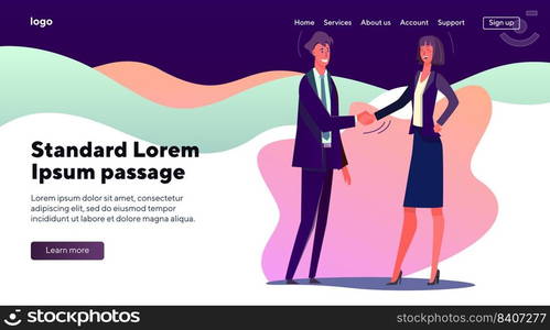 Business man and woman shaking hands. Office people coming to terms flat vector illustration. Agreement, partnership, communication concept for banner, website design or landing web page. Business man and woman shaking hands