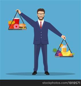 Business man balancing junk food and healthy food on two weighing trays on both hands. Healthy lifestyle. Vector illustration in flat style. Business man balancing