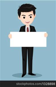Business man cartoon character. Young handsome smiling businessman in smart casual clothes holding blank banner - stock vector - Illustration