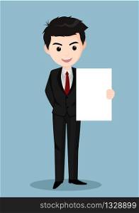 Business man cartoon character. Young handsome smiling businessman in smart casual clothes holding blank banner - stock vector - Illustration