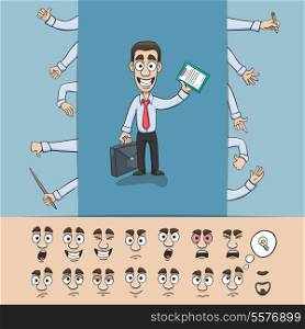 Business man character construction pack hand gestures and facial emotions design elements isolated vector illustration