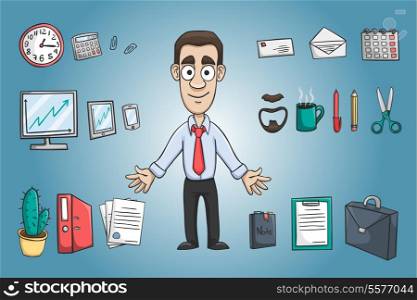 Business man character pack design elements with office stationery supplies vector illustration