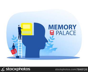 Business man character put Memory Palace , on head human mindset concept vector illustrator