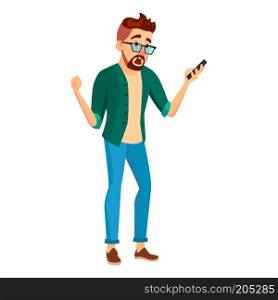 Business Man Character Vector. Hipster Working Male. Environment Process. Start Up. Casual Clothes. Worker. Full Length. Programmer, Manager. Expressions. Flat Business Character Illustration
