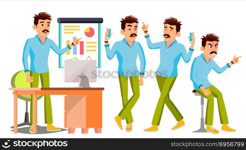 Business Man Character Vector. Working Male. Environment Process. Start Up. Casual Clothes. Worker. Full Length. Programmer, Manager. Expressions. Flat Business Character Illustration. Business Man Character Vector. Working People Set. Office, Creative Studio. Worker. Full Length. Programmer, Designer, Manager. Poses Face Emotions Cartoon Business Character Illustration