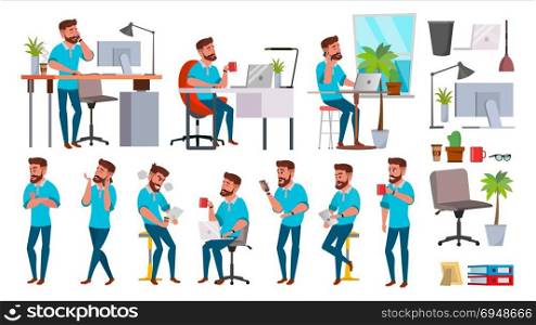 Business Man Character Vector. Working People Set. Office, Creative Studio. Bearded. Full Length. Programmer, Designer, Manager. Different Poses, Face Emotions. Cartoon Business Character Illustration. Business Man Character Vector. Working People Set. Office, Creative Studio. Bearded. Full Length. Programmer, Designer, Manager. Different Poses Face Emotions Business Character Illustration