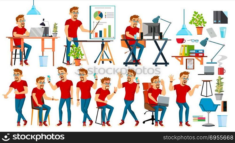 Business Man Character Vector. Working People Set. Office, Creative Studio. Bearded. Worker. Full Length. Programmer, Designer, Manager. Poses, Face Emotions. Cartoon Business Character Illustration. Business Man Character Vector. Working Boy, Man. Environment Process In Start Up Office, Studio. Male Programmer, Designer. Isolated On White Cartoon Business Character Illustration