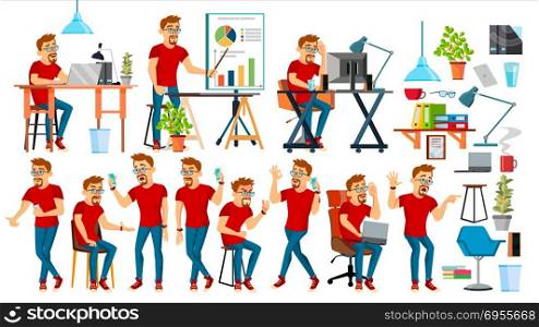 Business Man Character Vector. Working People Set. Office, Creative Studio. Bearded. Worker. Full Length. Programmer, Designer, Manager. Poses, Face Emotions. Cartoon Business Character Illustration. Business Man Character Vector. Working Boy, Man. Environment Process In Start Up Office, Studio. Male Programmer, Designer. Isolated On White Cartoon Business Character Illustration
