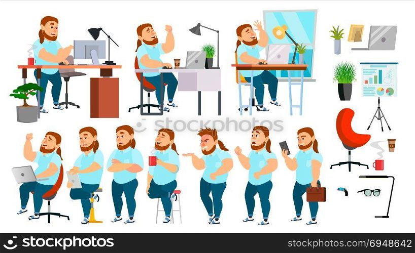 Business Man Character Vector. Working People Set. Office, Creative Studio. Fat, Bearded. Business Situation. Programmer, Designer, Manager. Different Poses, Emotions. Cartoon Character Illustration. Business Man Character Vector. Working People Set. Office, Creative Studio. Fat, Bearded. Business Situation. Programmer, Designer Manager Different Poses Emotions Cartoon Illustration