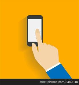 Business man controls black smartphone, touching blank white empty screen. Using mobile smart phone. Flat design concept with copy space. Vector illustration EPS10. Business man controls black smartphone