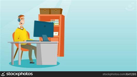 Business man during video conference in the office. Businessman with headset working on a computer in the office. Call center operator at work. Vector flat design illustration. Horizontal layout.. Businessman with headset working at office.