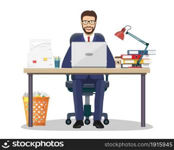 Business man entrepreneur in a suit working at his office desk. Vector illustration in flat style. Business man entrepreneur