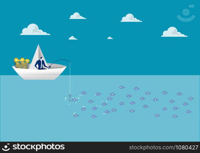 business man fishing on a paper boat on ocean background illustrator