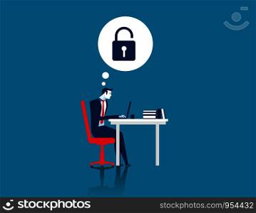 Business man hacking laptop. Concept business illustration. Vector flat