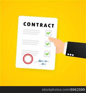 Business man hand holds contract. Contractual document. Legal document symbol with st&. Vector on isolated background. EPS 10