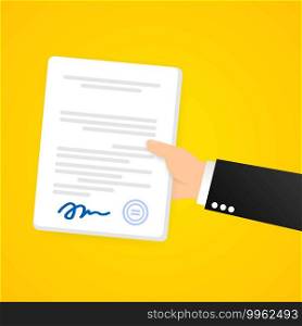 Business man hand holds contract vector illustration. Signed contractual document, legal document symbol with st&.. Business man hand holds contract vector illustration. Signed contractual document, legal document symbol with st&. Vector on isolated background. EPS 10