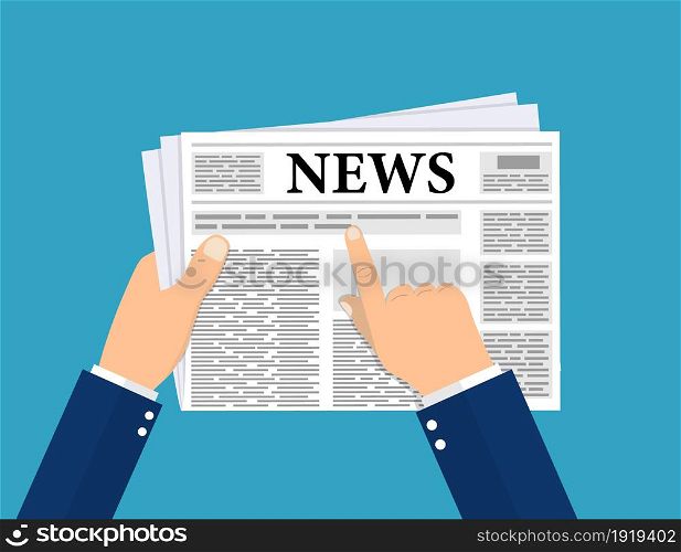 Business man hands holding newspaper. Man reading a Newspaper news. Vector illustration in flat style. Business man hands holding newspaper.